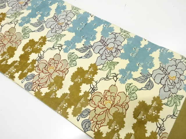 JAPANESE KIMONO / ANTIQUE NAGOYA OBI / SILK / KATAZOME / TSUMUGI / PEONY